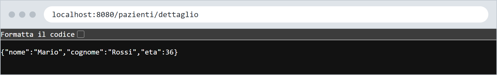 Schermata del browser con un singolo paziente in formato JSON