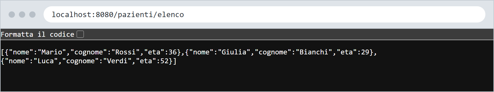 Schermata del browser con un array JSON di più pazienti