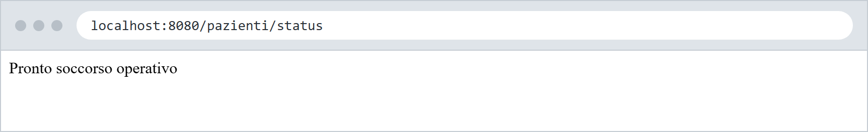 Schermata del browser su localhost:8080/pazienti/status, con il testo di risposta e il codice 200