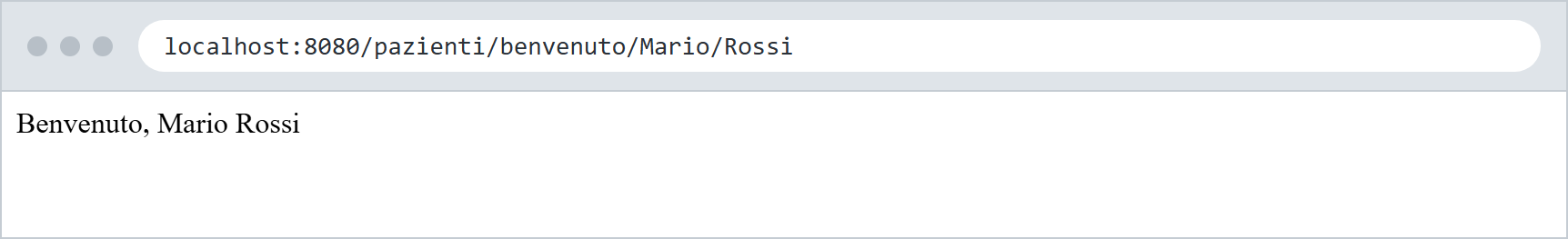 Schermata del browser con il saluto generato dal nome e dal cognome nel percorso