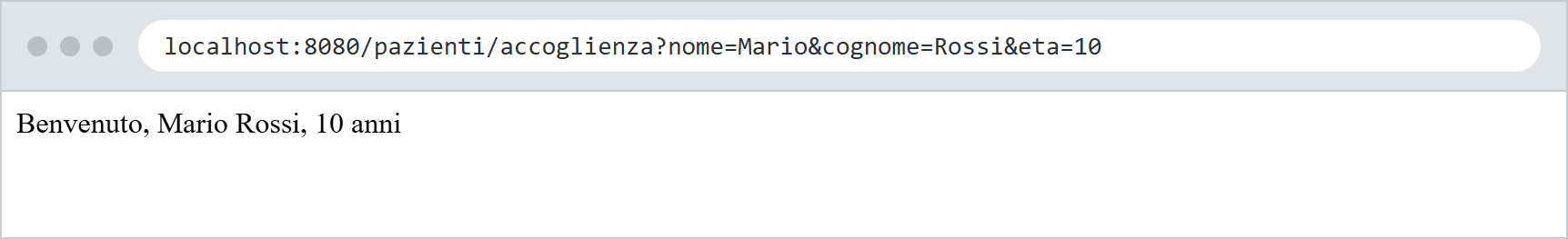 Schermata del browser con i valori letti dai tre parametri della query string